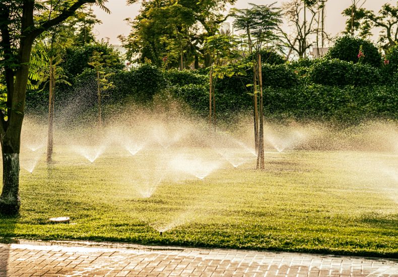a group of sprinklers are spraying water in a park
