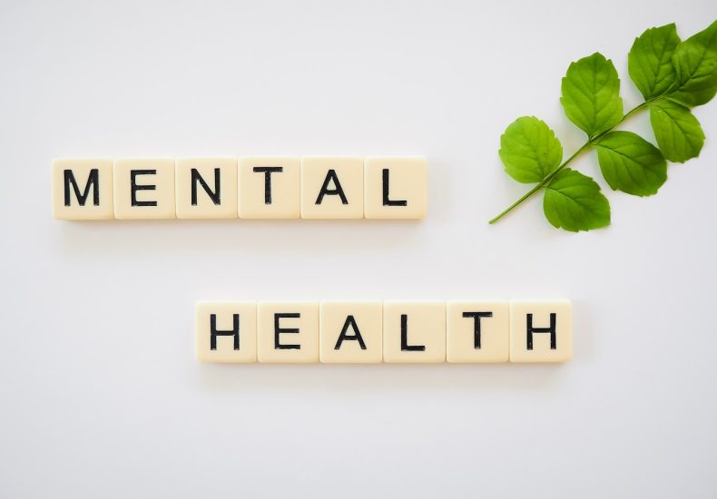 the word mental health spelled with scrabbles next to a green leaf